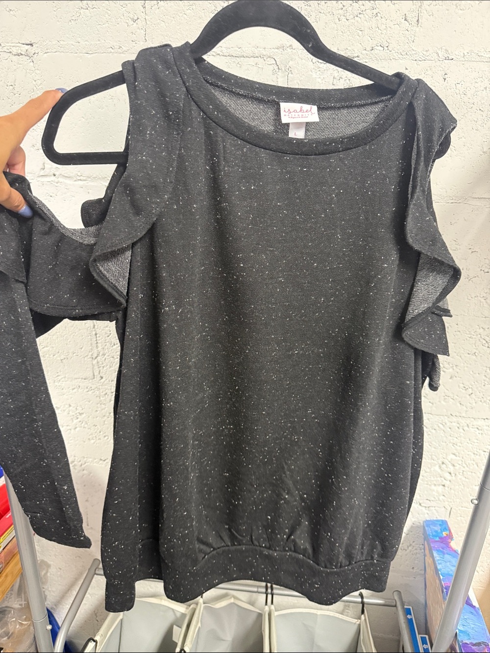 Open Shoulder Ruffle Top in Charcoal ISABEL - Maternity Size Large Pullover